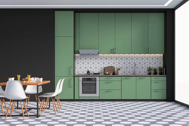 Kitchen tile flooring with green cabinets | Flooring By Design